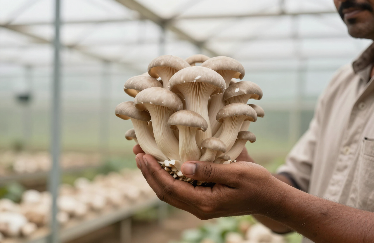 Freshly harvested oyster mushrooms held by a grower