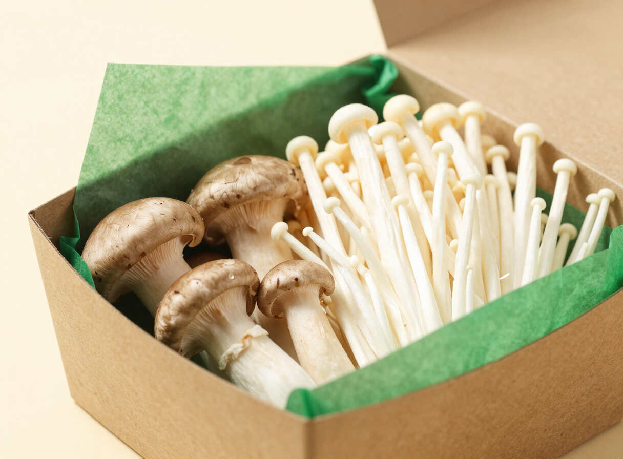KHUMBI mushrooms packed fresh in a delivery box